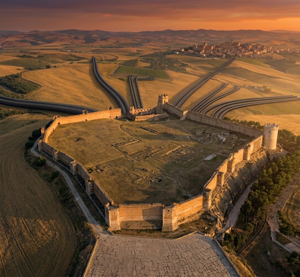 Castello di Lucera con tubi Janplast che si estendono verso il territorio